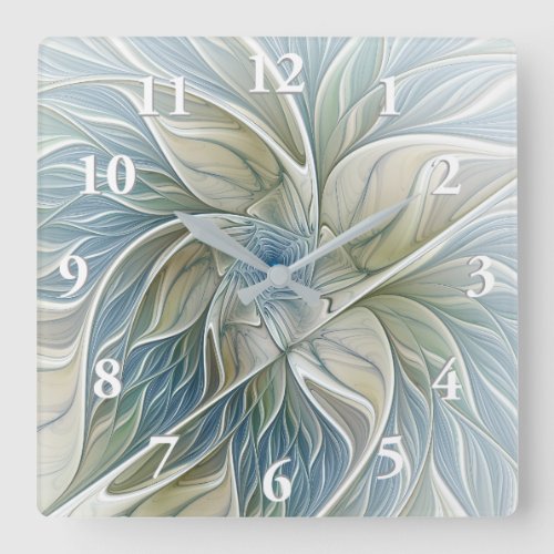 Floral Dream Pattern Abstract Blue Khaki Fractal Square Wall Clock