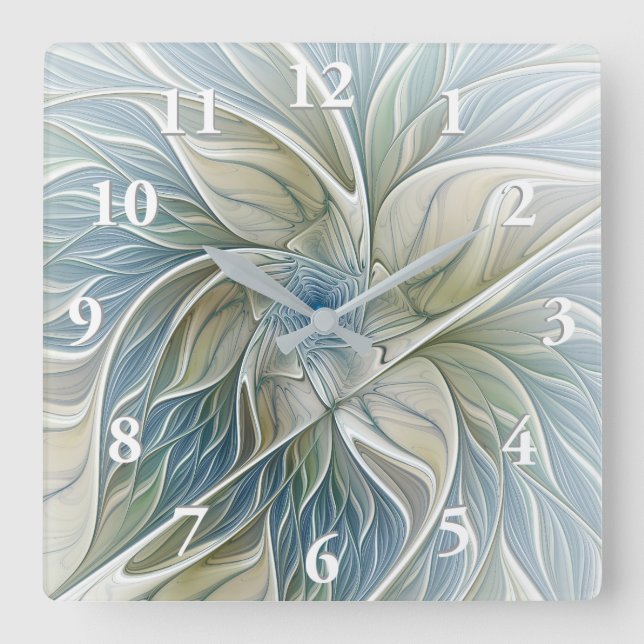 Floral Dream Pattern Abstract Blue Khaki Fractal Square Wall Clock (Front)