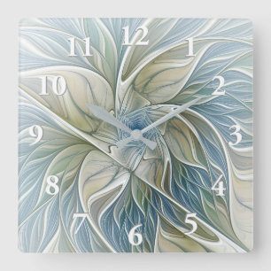 Floral Dream Pattern Abstract Blue Khaki Fractal Square Wall Clock