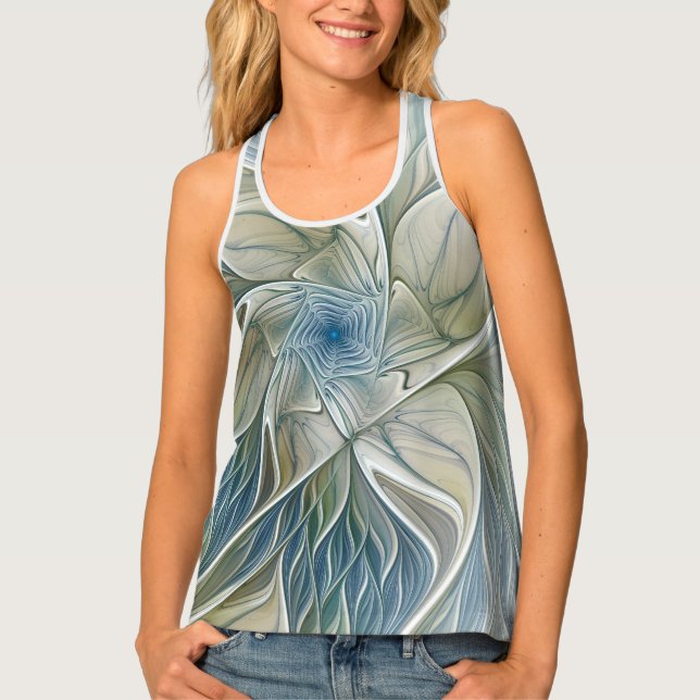 Floral Dream Pattern Abstract Blue Khaki Fractal Tank Top (Front)