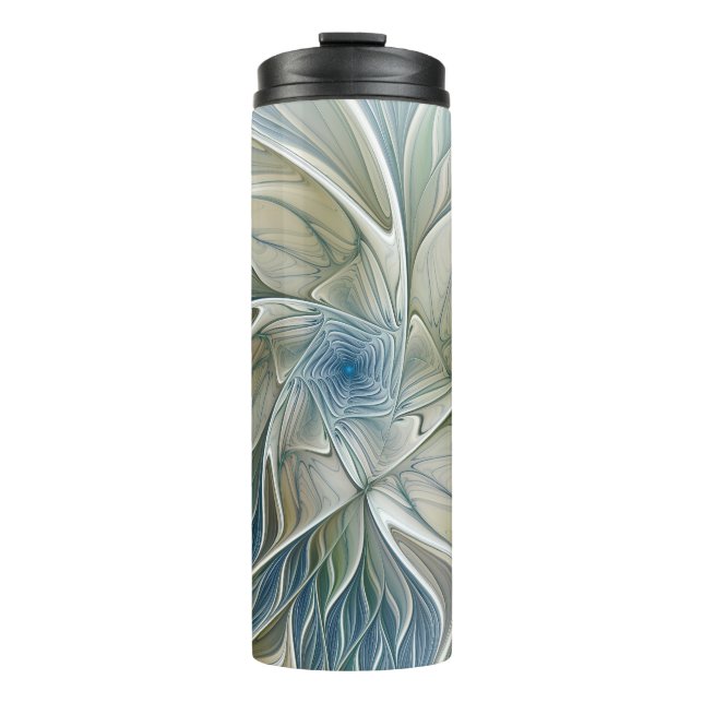 Floral Dream Pattern Abstract Blue Khaki Fractal Thermal Tumbler (Front)