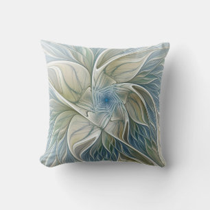 Floral Dream Pattern Abstract Blue Khaki Fractal Throw Pillow