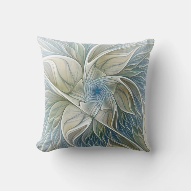 Floral Dream Pattern Abstract Blue Khaki Fractal Throw Pillow (Front)