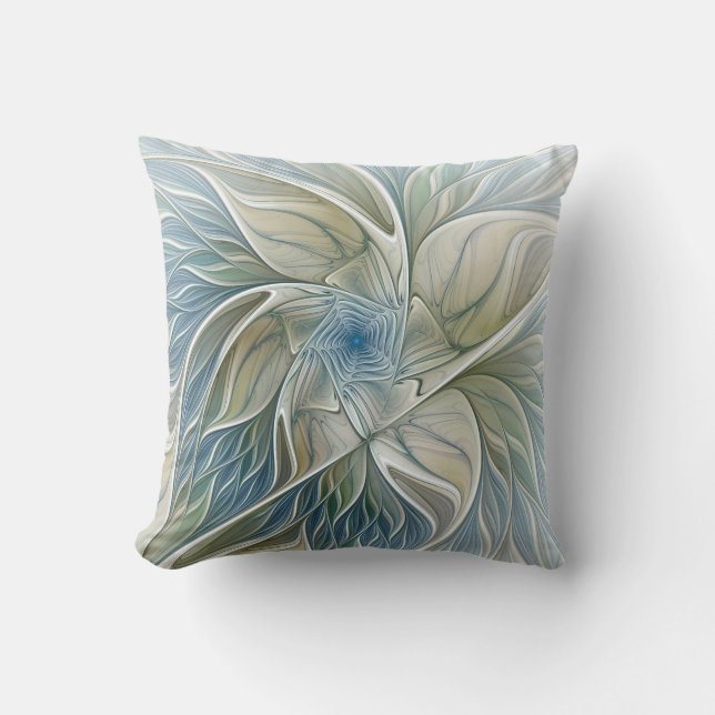 Floral Dream Pattern Abstract Blue Khaki Fractal Throw Pillow (Front)