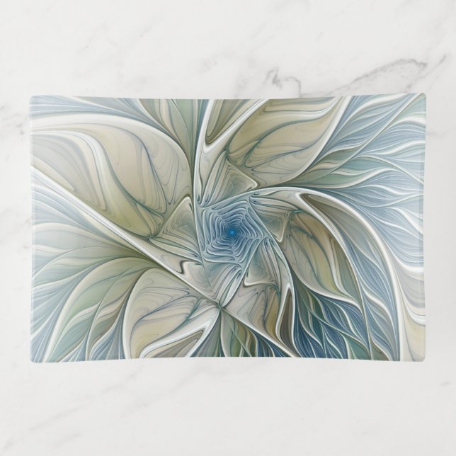 Floral Dream Pattern Abstract Blue Khaki Fractal Trinket Tray (Front)