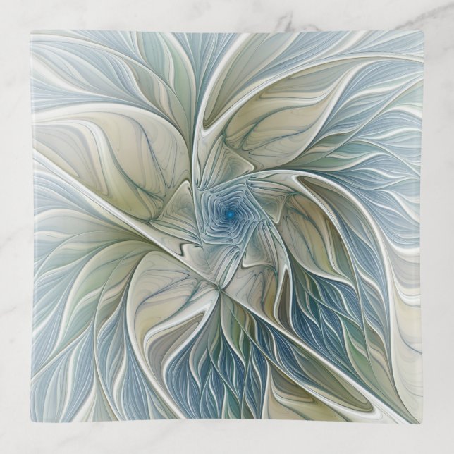 Floral Dream Pattern Abstract Blue Khaki Fractal Trinket Tray (Front)