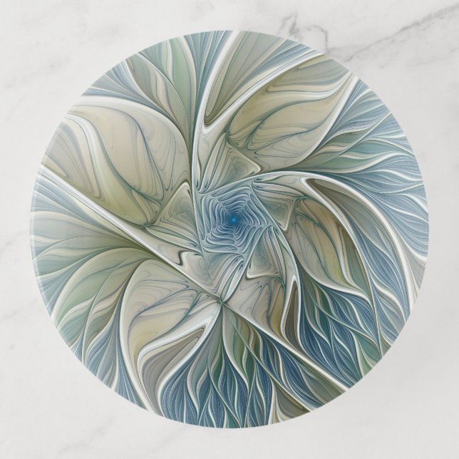 Floral Dream Pattern Abstract Blue Khaki Fractal Trinket Tray (Front)