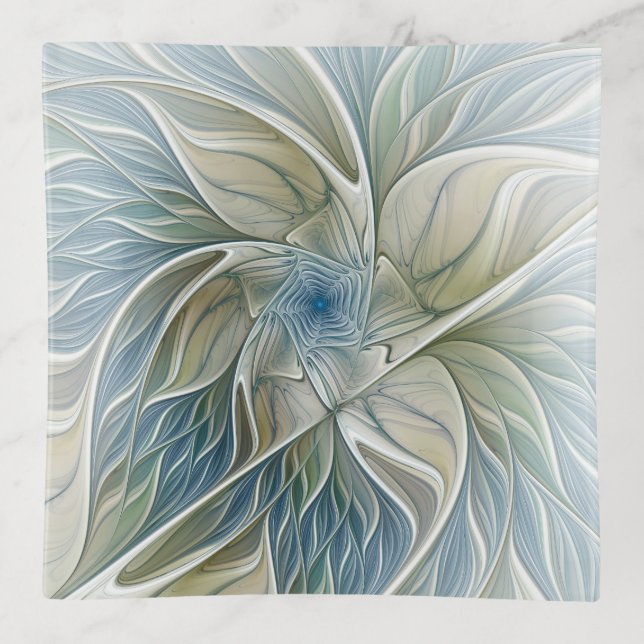 Floral Dream Pattern Abstract Blue Khaki Fractal Trinket Tray (Front)