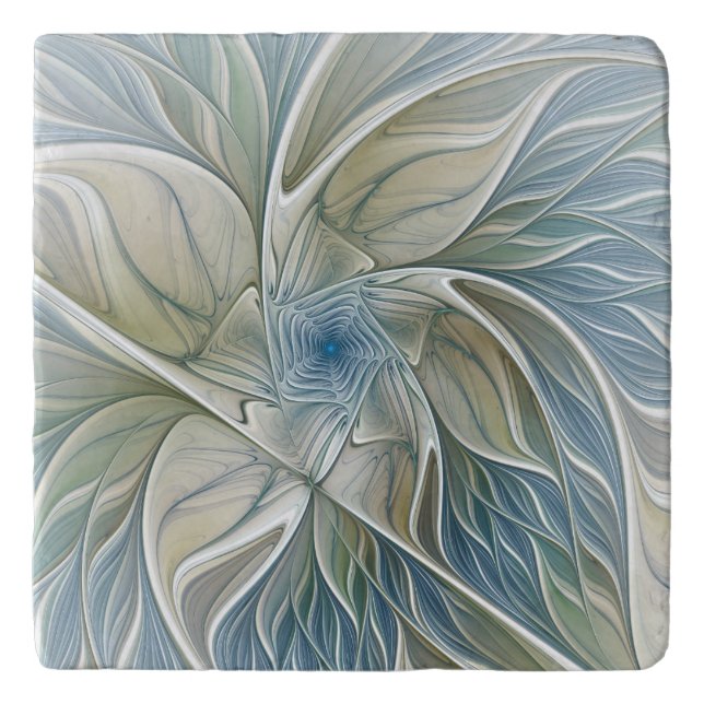 Floral Dream Pattern Abstract Blue Khaki Fractal Trivet (Front)