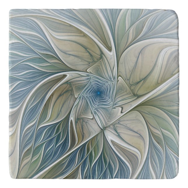 Floral Dream Pattern Abstract Blue Khaki Fractal Trivet (Front)