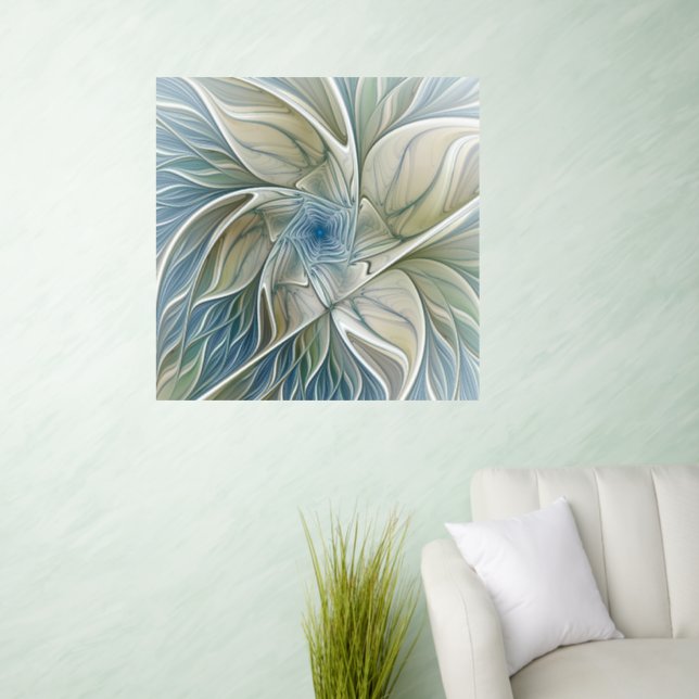 Floral Dream Pattern Abstract Blue Khaki Fractal Wall Decal (Living Room)