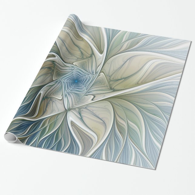 Floral Dream Pattern Abstract Blue Khaki Fractal Wrapping Paper (Unrolled)