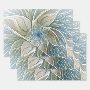 Floral Dream Pattern Abstract Blue Khaki Fractal Wrapping Paper Sheets