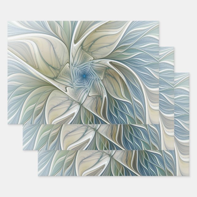 Floral Dream Pattern Abstract Blue Khaki Fractal Wrapping Paper Sheets (Set)