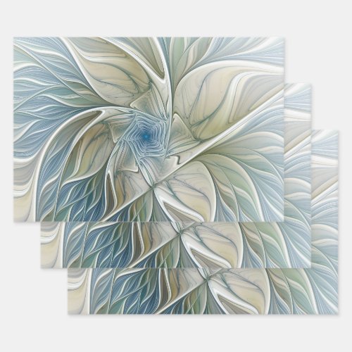 Floral Dream Pattern Abstract Blue Khaki Fractal Wrapping Paper Sheets