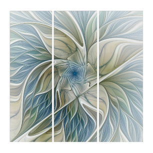 Floral Dream Pattern Abstract Blue Khaki Triptych