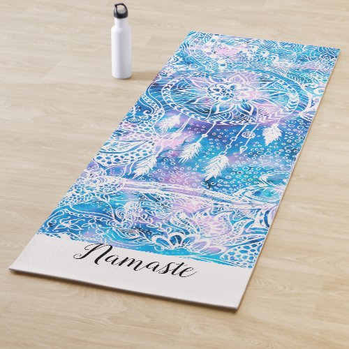 Floral dreamcatcher turquoise watercolor namaste yoga mat