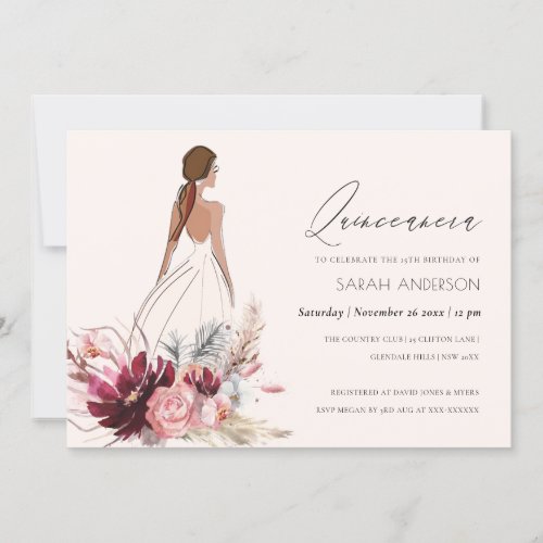 Floral Dress Pampas Grass Quinceanera Invite