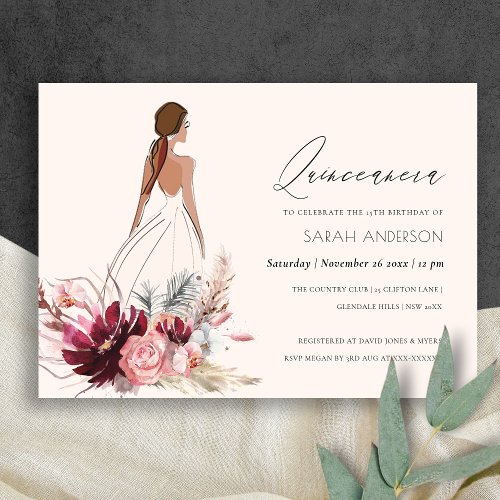 Floral Dress Pampas Grass Quinceanera Invite