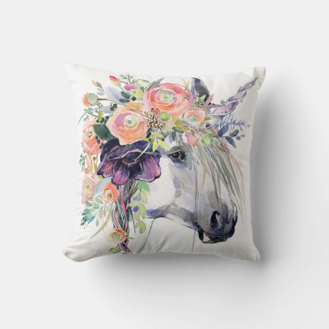 Floral Dressed Unicorn Throw Pillow (Front)