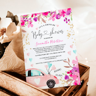 Floral Drive by baby shower car watercolor hearts Invitation