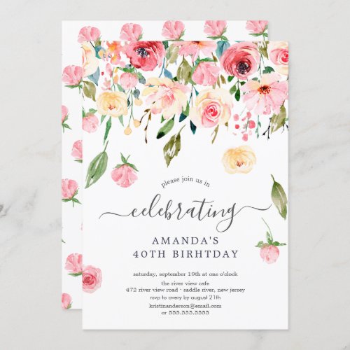 Floral Drop Pink Peonies Birthday Party Invitation