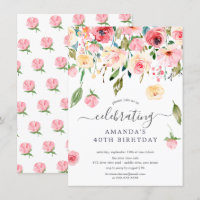 Floral Drop Pink Peonies Birthday Party Invitation