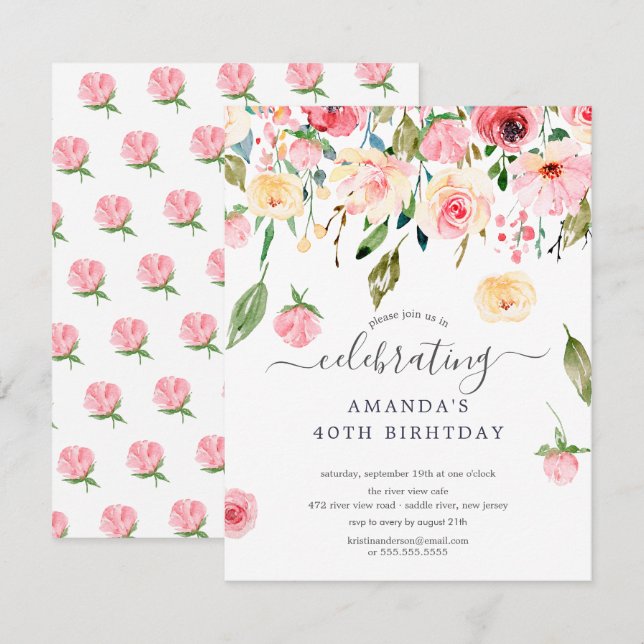 Floral Drop Pink Peonies Birthday Party Invitation (Front/Back)