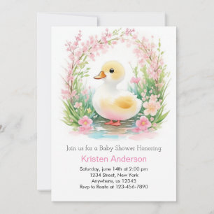 Floral Duckling Cute Pink Girl Baby Shower Invitation