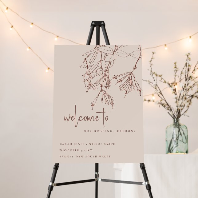 Floral Dusky Blush Line Drawing Wedding Welcome Foam Board (In Situ (Stand))