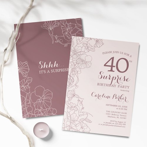 Floral Dusky Pink Surprise 40th Birthday Party Invitation