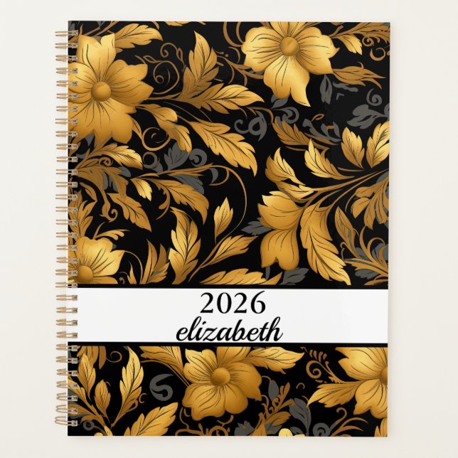 Floral dusty black & gold name script  planner (Front)