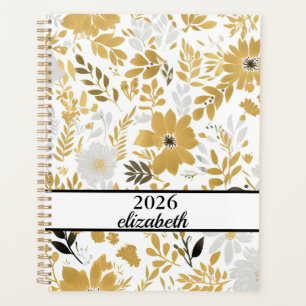 Floral dusty black & gold name script planner