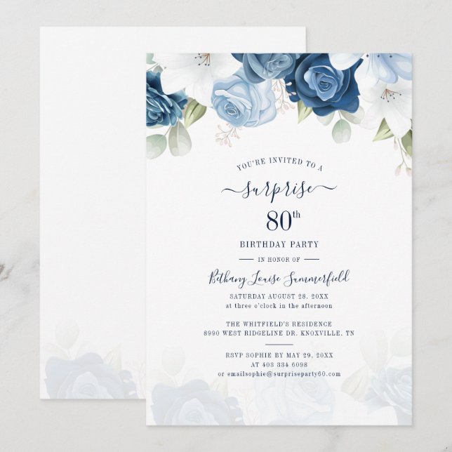 Floral Dusty Blue 80th Birthday Party Invitation (Front/Back)