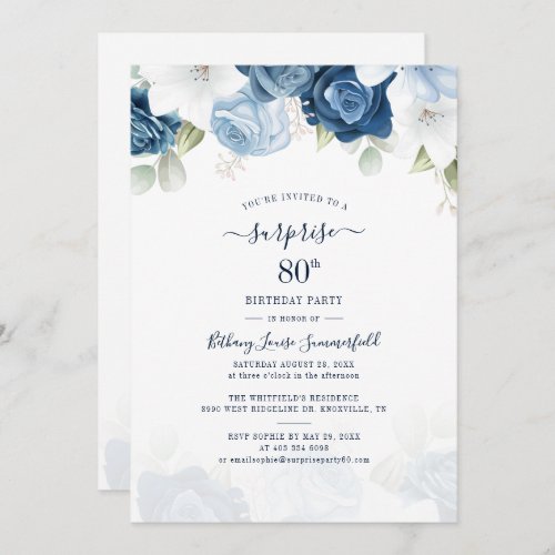 Floral Dusty Blue 80th Birthday Party Invitation