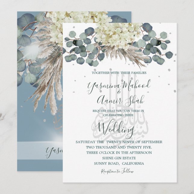 Floral Dusty Blue Bismillah Elegant Wedding Invitation (Front/Back)