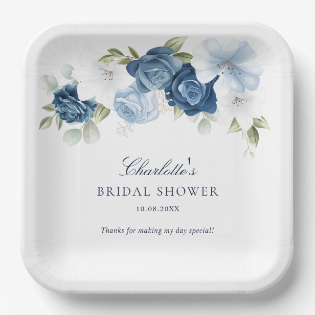 Floral Dusty Blue Botanical Bridal Shower Paper Plates (Front)