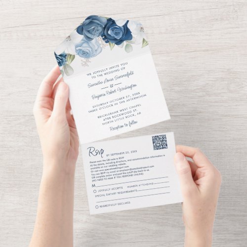 Floral Dusty Blue Botanical Foliage Wedding All In One Invitation