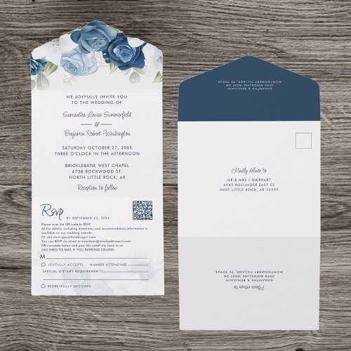 Floral Dusty Blue Botanical Script Wedding All In One Invitation