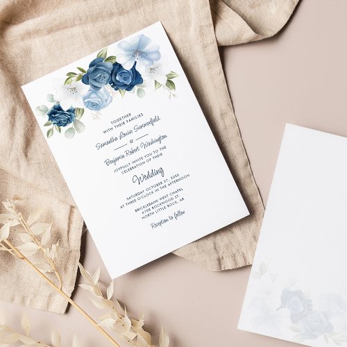 Floral Dusty Blue Botanical Script Wedding Invitation