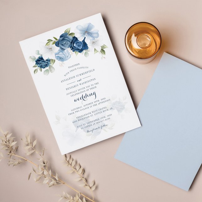 Floral Dusty Blue Botanical Wedding Invitation (Creator Uploaded)
