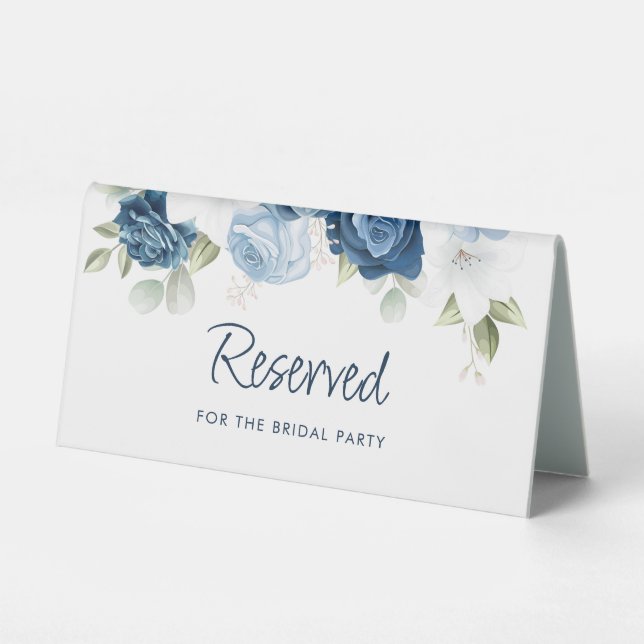 Floral Dusty Blue Botanical Wedding Reserved Table Tent (Front)
