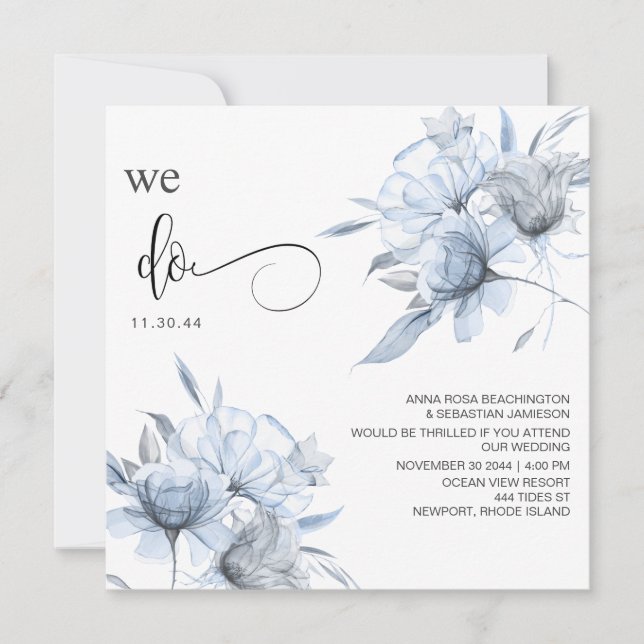 *~* Floral Dusty Blue Bouquet AR15 QR RSVP WEDDING Invitation (Front)