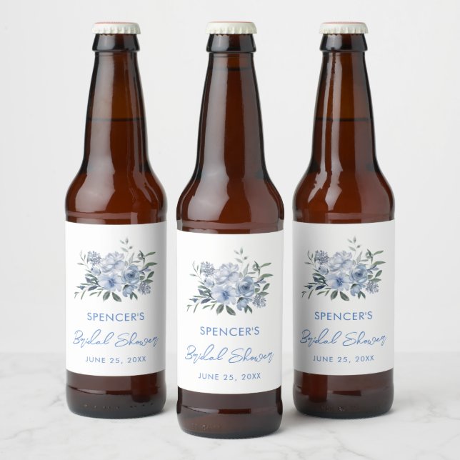 Floral Dusty Blue Bridal Shower Favor Beer Bottle Label (Bottles)