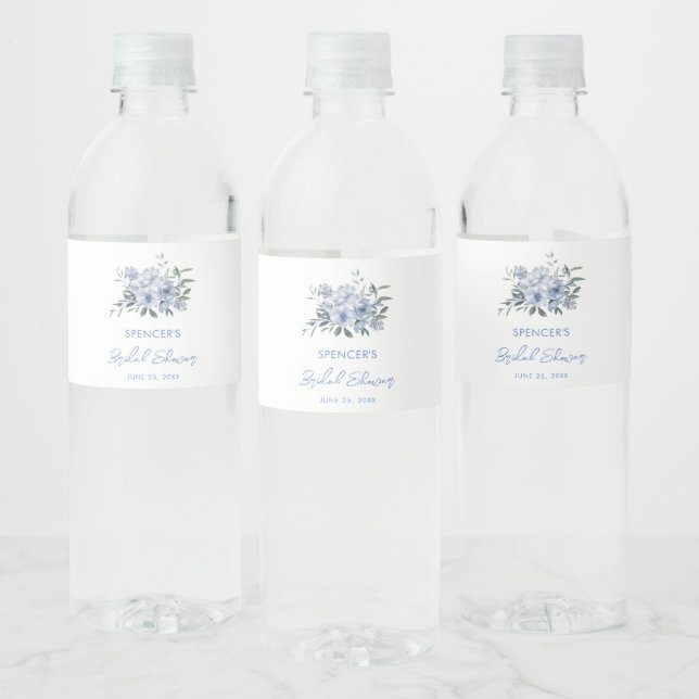 Floral Dusty Blue Bridal Shower Favor Water Bottle Label (Bottles)