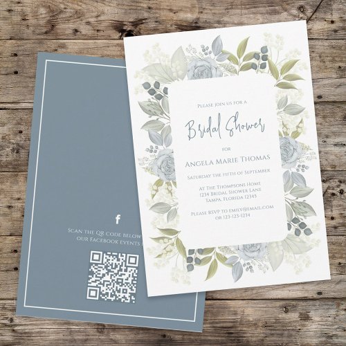 Floral Dusty Blue Bridal Shower QR Code Event Page Invitation