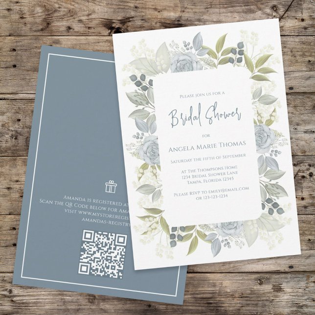 Floral Dusty Blue Bridal Shower QR Code Gift Invitation (Creator Uploaded)