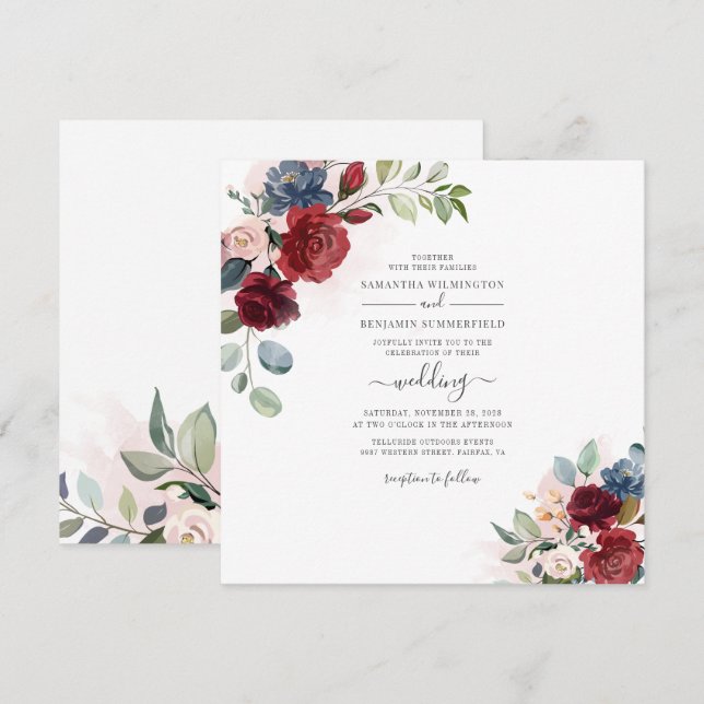 Floral Dusty Blue Burgundy Botanical Wedding Invitation (Front/Back)