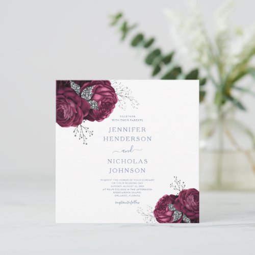 Floral Dusty Blue Burgundy Peonies Elegant Wedding Invitation