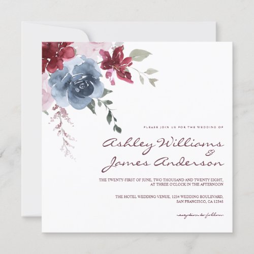 Floral Dusty Blue Burgundy Rose Elegant Wedding In Invitation